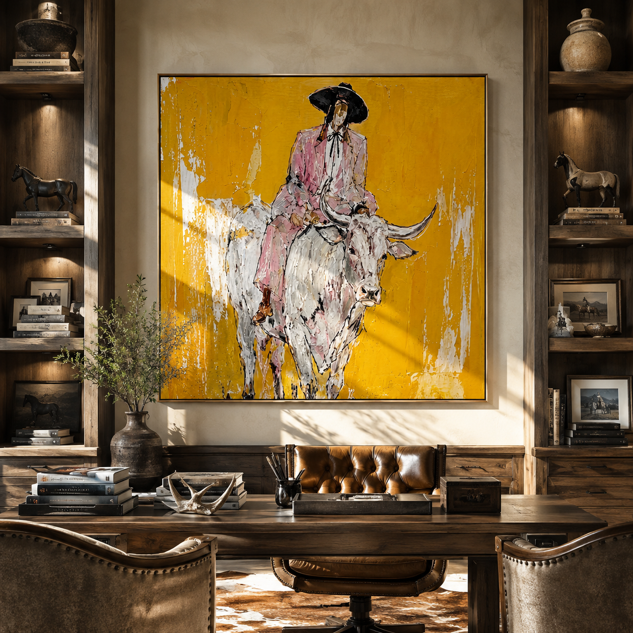 Mustard Dust Carries Pink styled with wood, linen, and modern decor