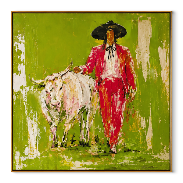 Scarlet Walk Crosses Green – Red Cowboy with White Longhorn Painting | Contemporary Western Square Wall Art