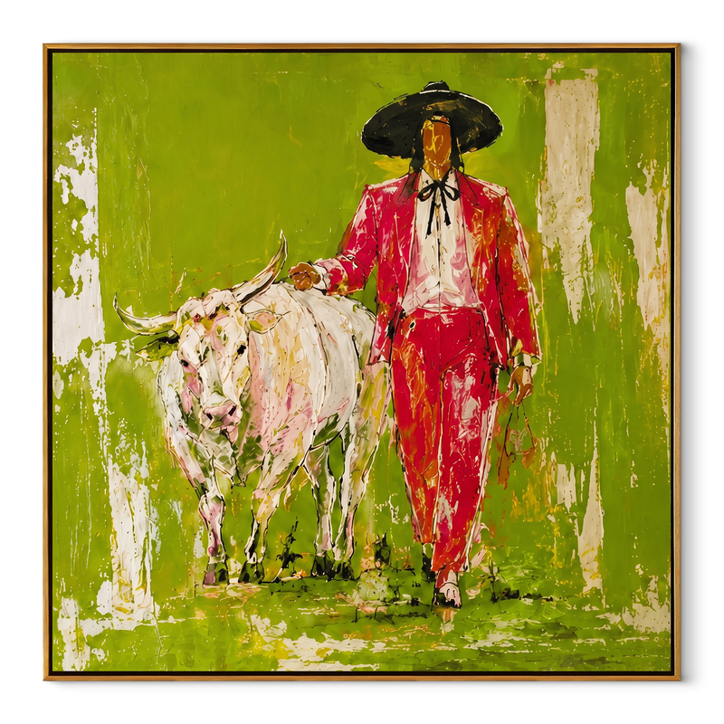 Scarlet Walk Crosses Green – Red Cowboy with White Longhorn Painting | Contemporary Western Square Wall Art