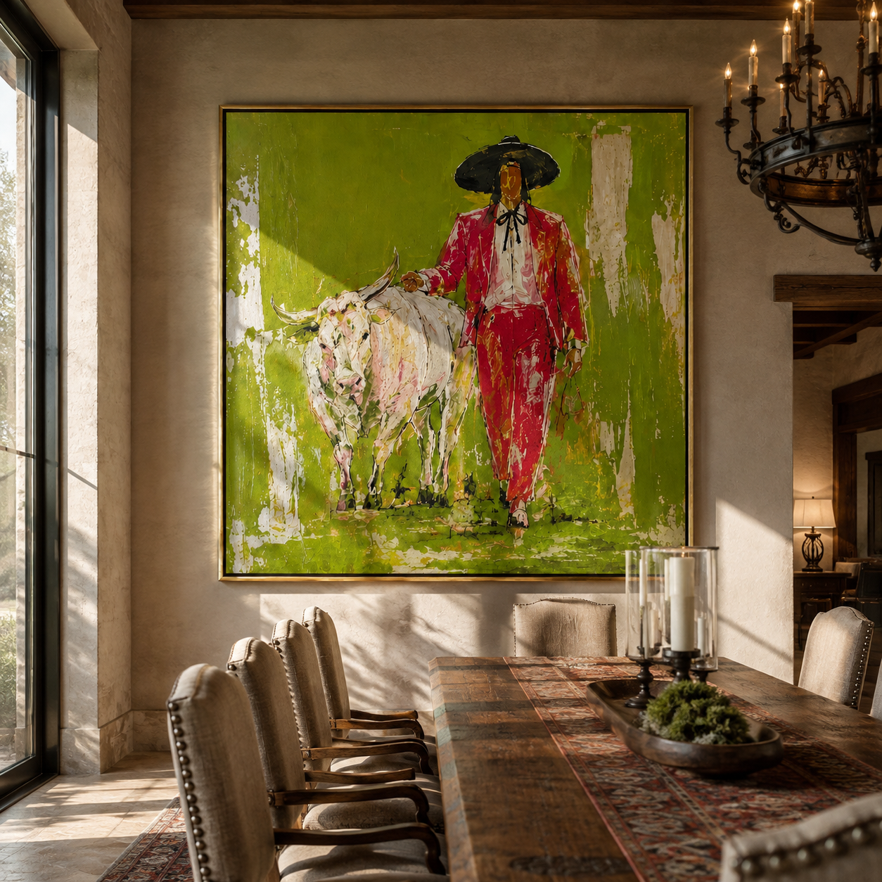 Scarlet Walk Crosses Green styled with wood, linen, and modern decor