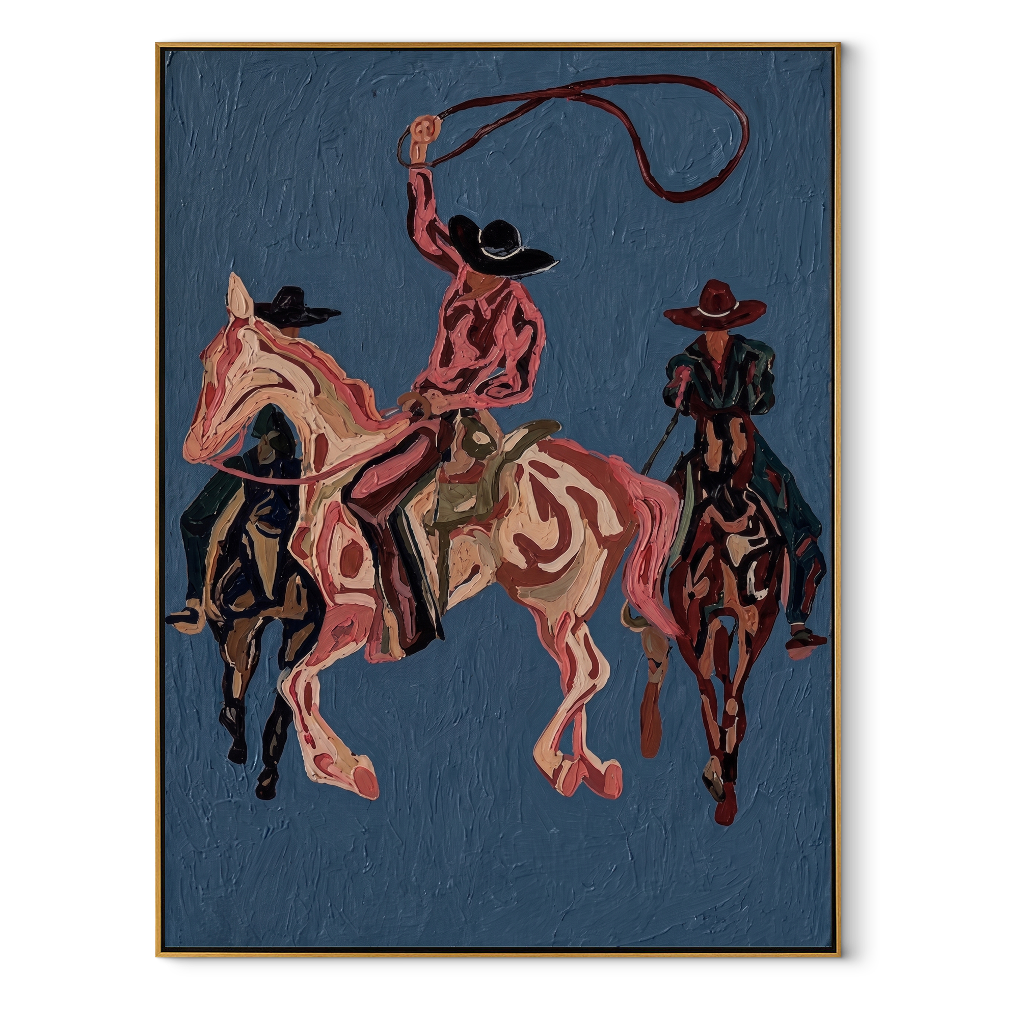Rose Rope Threads Blue Western figurative painting, vertical canvas artwork