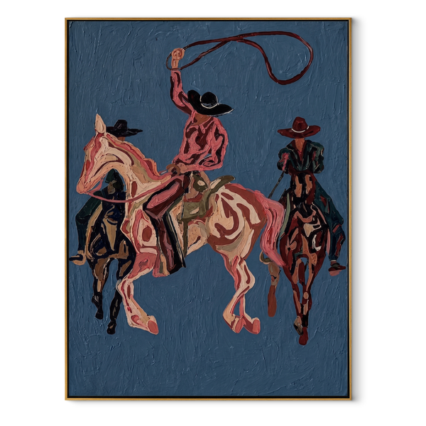 Rose Rope Threads Blue – Three Western Riders Painting | Contemporary Western Vertical Wall Art