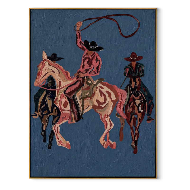 Rose Rope Threads Blue – Three Western Riders Painting | Contemporary Western Vertical Wall Art