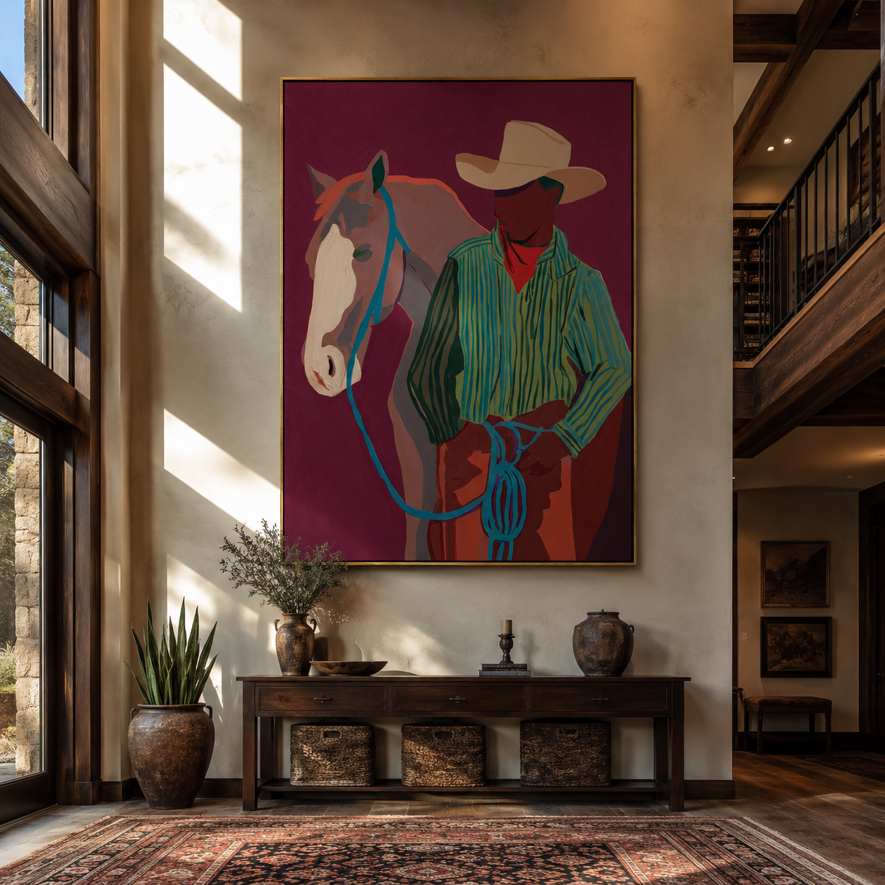 Turquoise Reins Cross Burgundy displayed in a collected contemporary interior