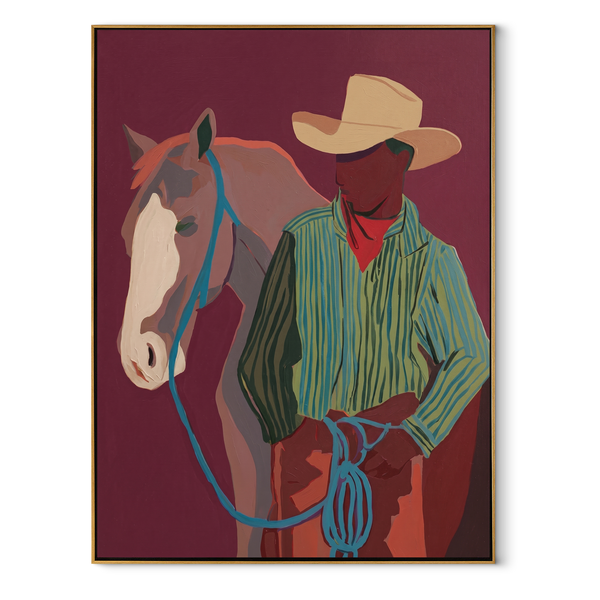 Turquoise Reins Cross Burgundy – Cowboy and Horse Portrait Painting | Contemporary Western Vertical Wall Art