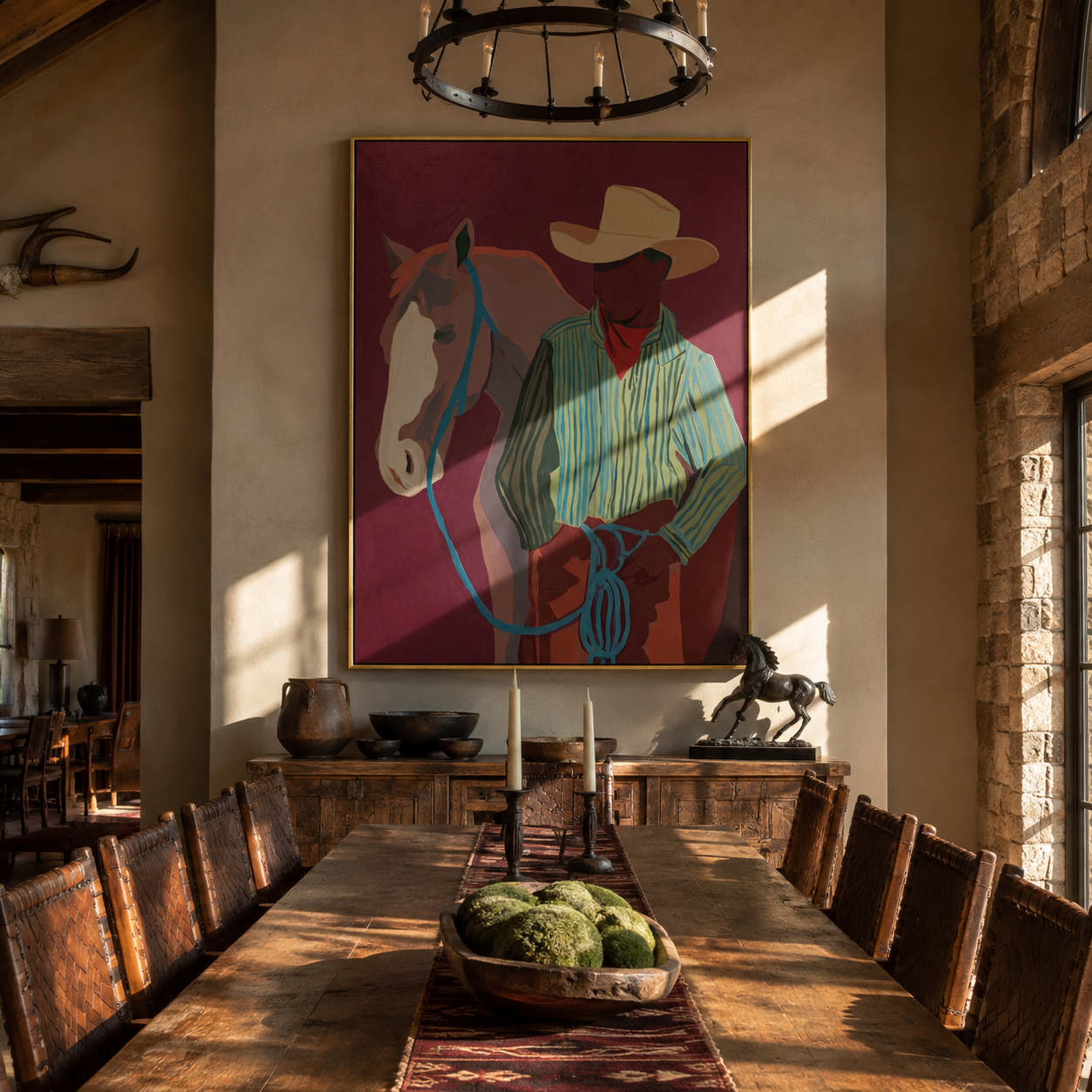 Turquoise Reins Cross Burgundy styled with warm modern furnishings
