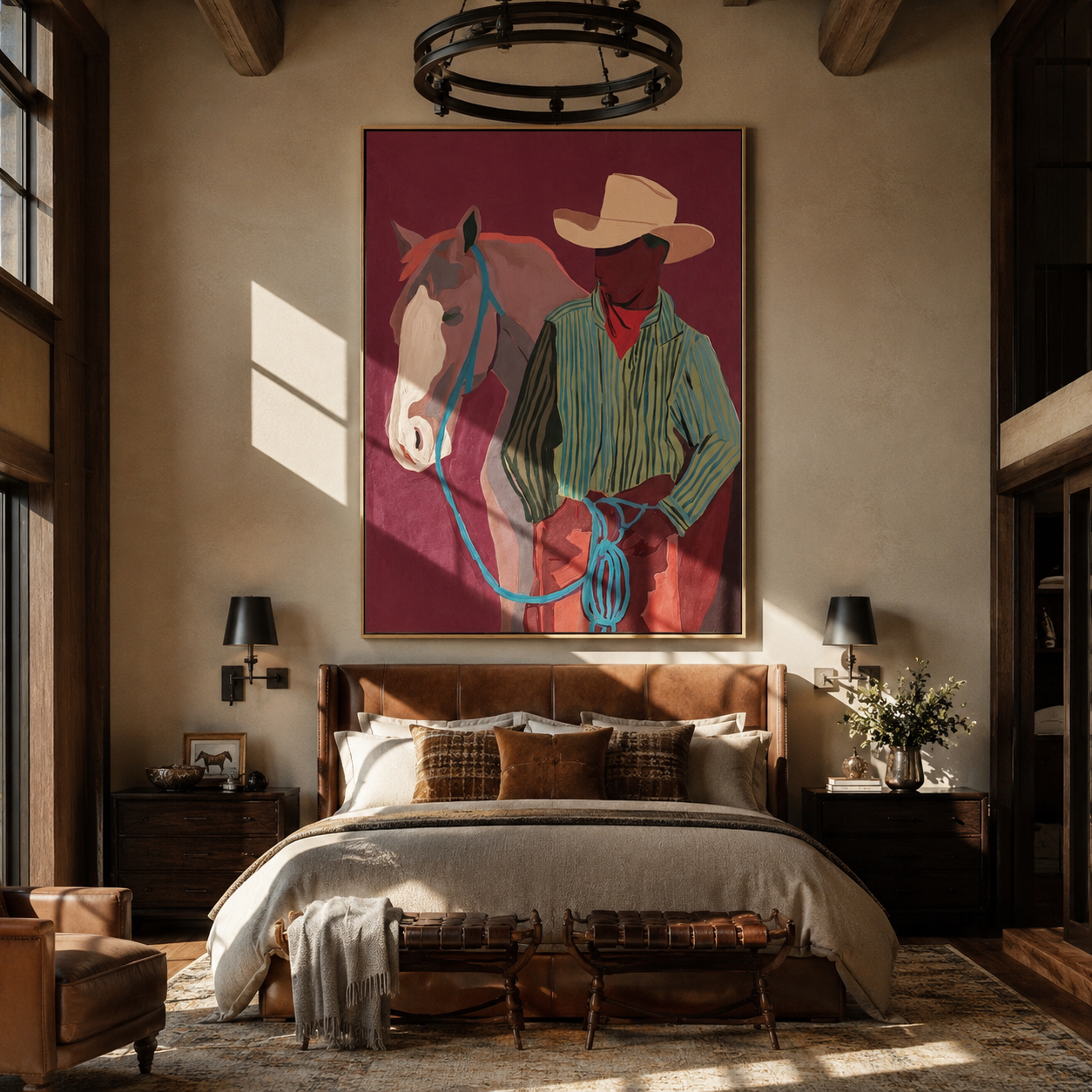 Turquoise Reins Cross Burgundy presented as a colorful interior focal point