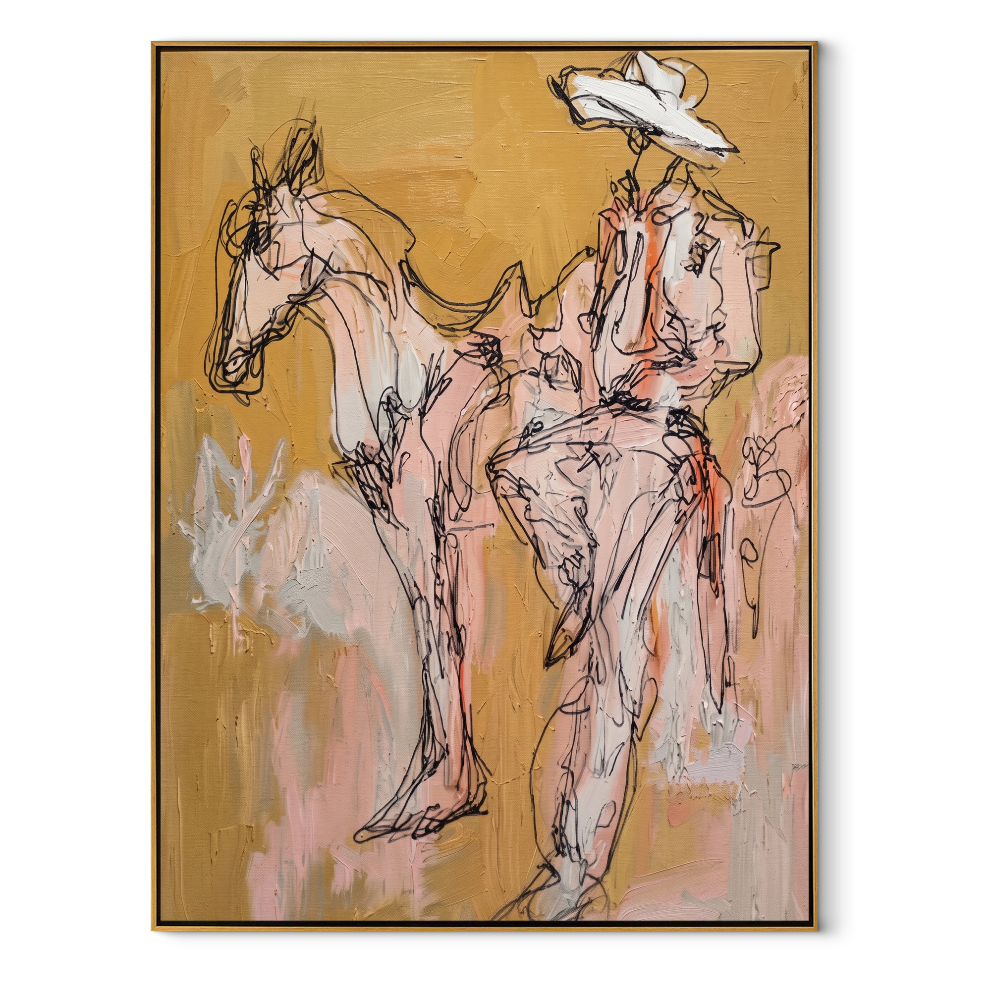 Still Hands Ride Ochre Western figurative painting, vertical canvas artwork