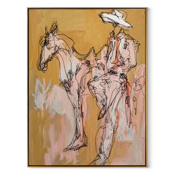 Still Hands Ride Ochre – Sketch Horse and Rider Painting | Contemporary Western Vertical Wall Art