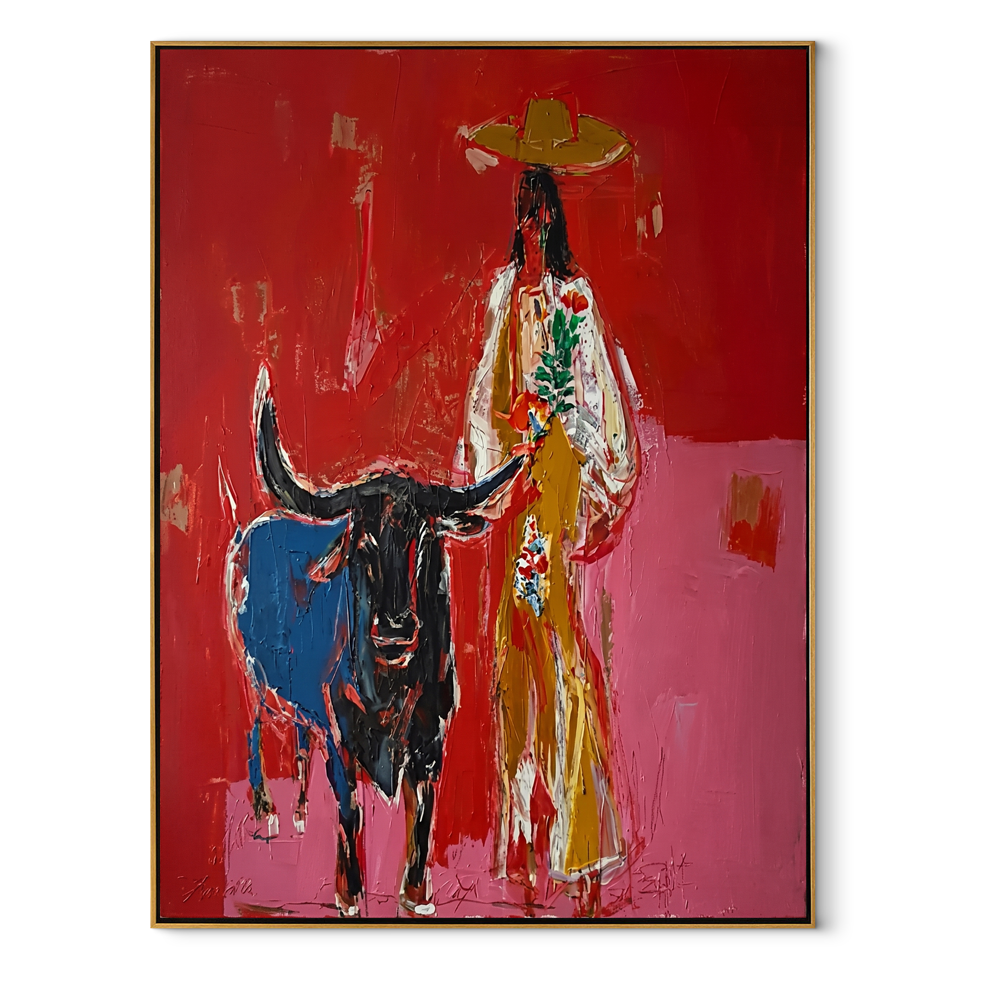 Floral Coat Guards Horns Western figurative painting, vertical canvas artwork