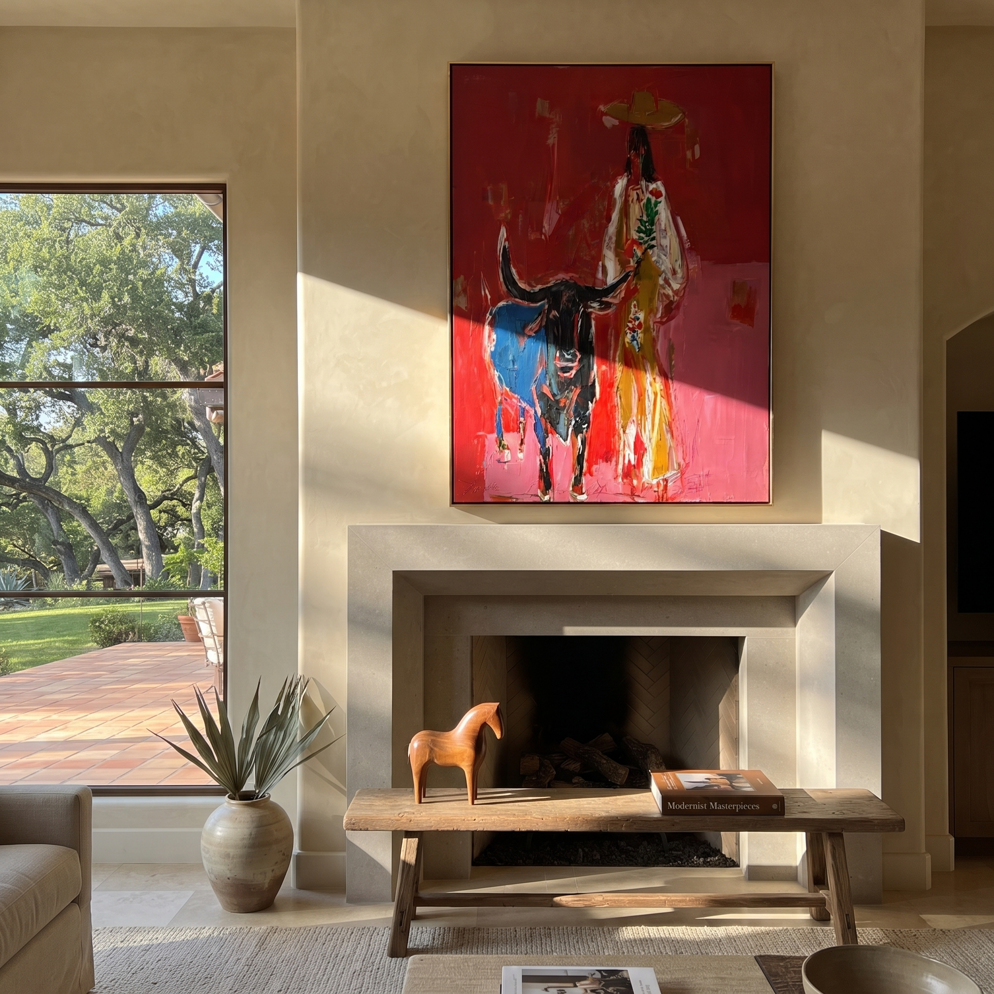 Floral Coat Guards Horns styled with warm modern furnishings