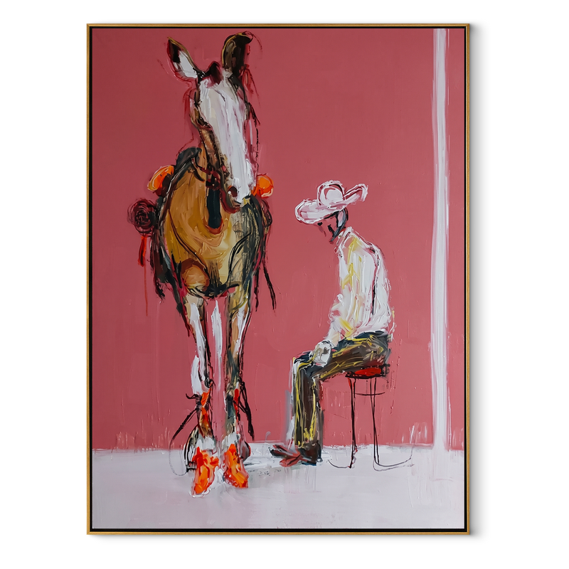Quiet Chair Meets Horse – Seated Cowboy and Horse Painting | Contemporary Western Vertical Wall Art