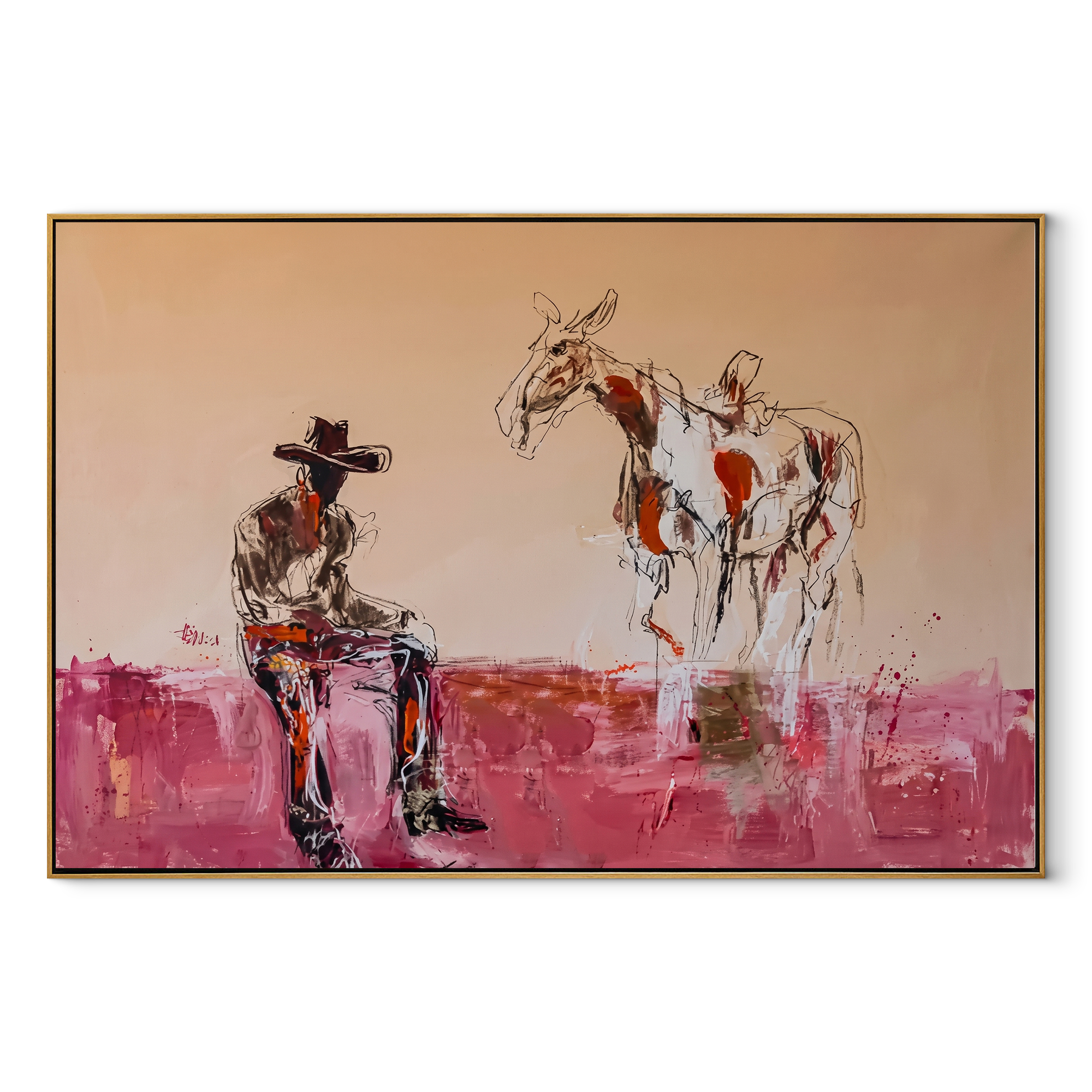 Pink Dust Holds Distance Western figurative painting, horizontal canvas artwork
