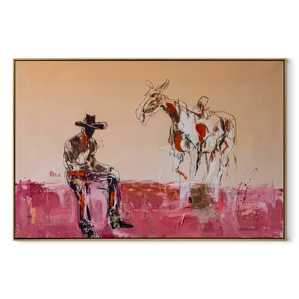 Pink Dust Holds Distance – Cowboy and Paint Horse Painting | Contemporary Western Horizontal Wall Art