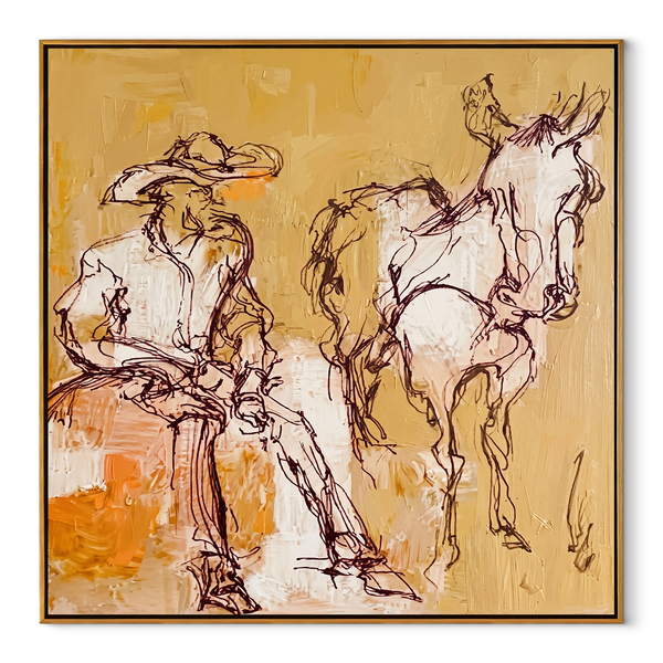 Pale Reins Pause Together – Cowboy and White Horse Painting | Contemporary Western Square Wall Art