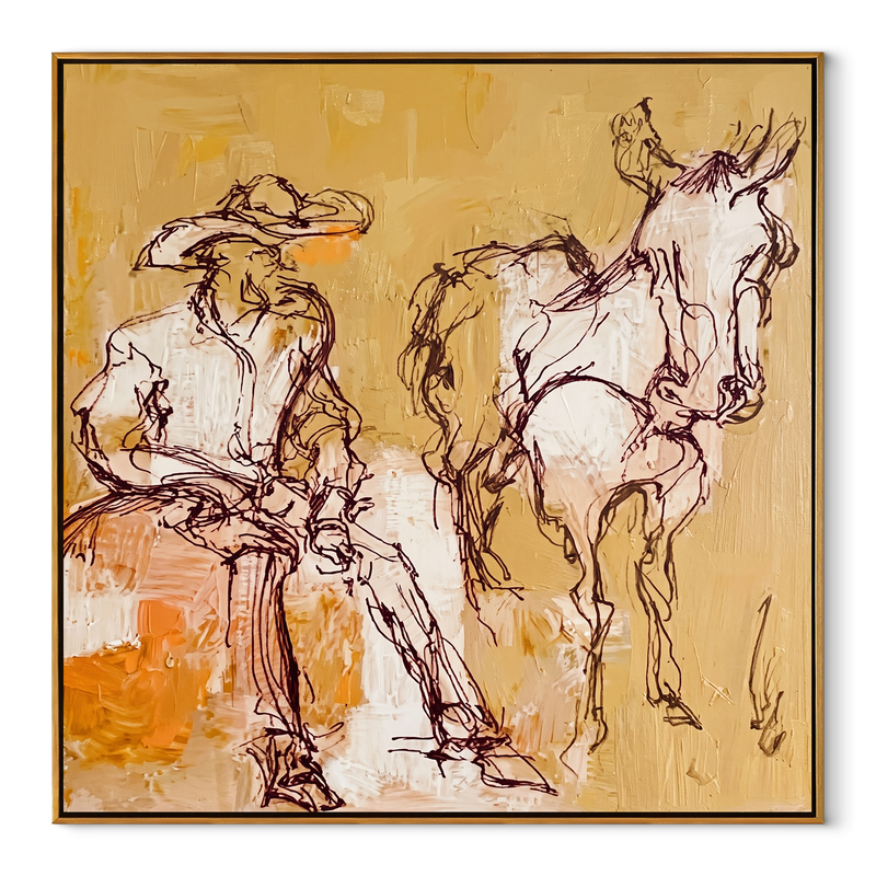 Pale Reins Pause Together – Cowboy and White Horse Painting | Contemporary Western Square Wall Art