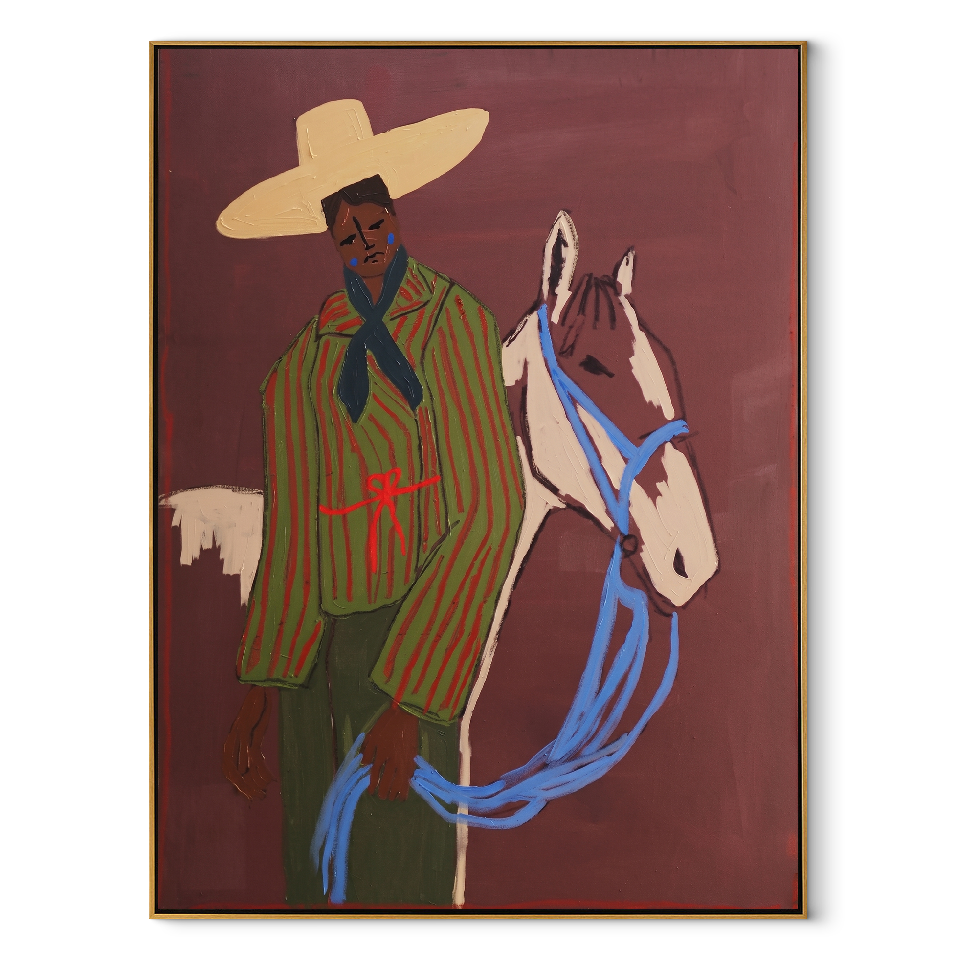 Blue Reins Cross Burgundy Western figurative painting, vertical canvas artwork