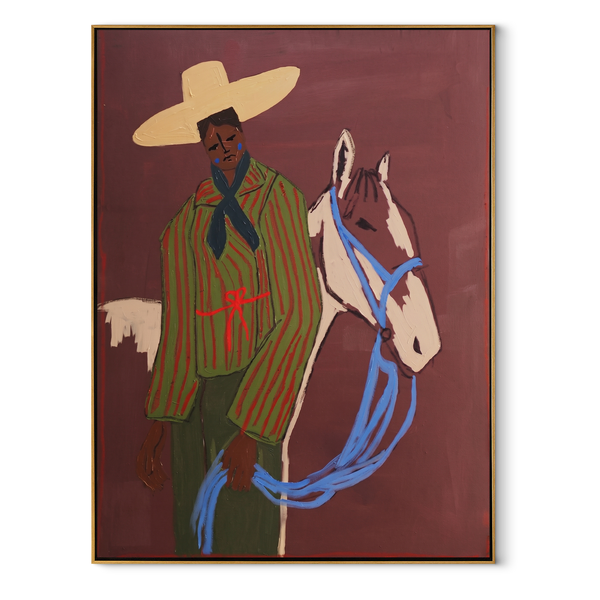 Blue Reins Cross Burgundy – Striped Cowboy and Horse Painting | Contemporary Western Vertical Wall Art