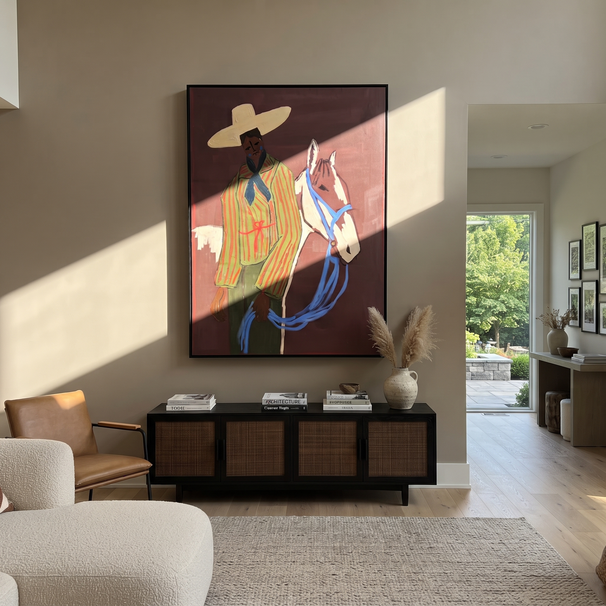 Blue Reins Cross Burgundy styled with warm modern furnishings