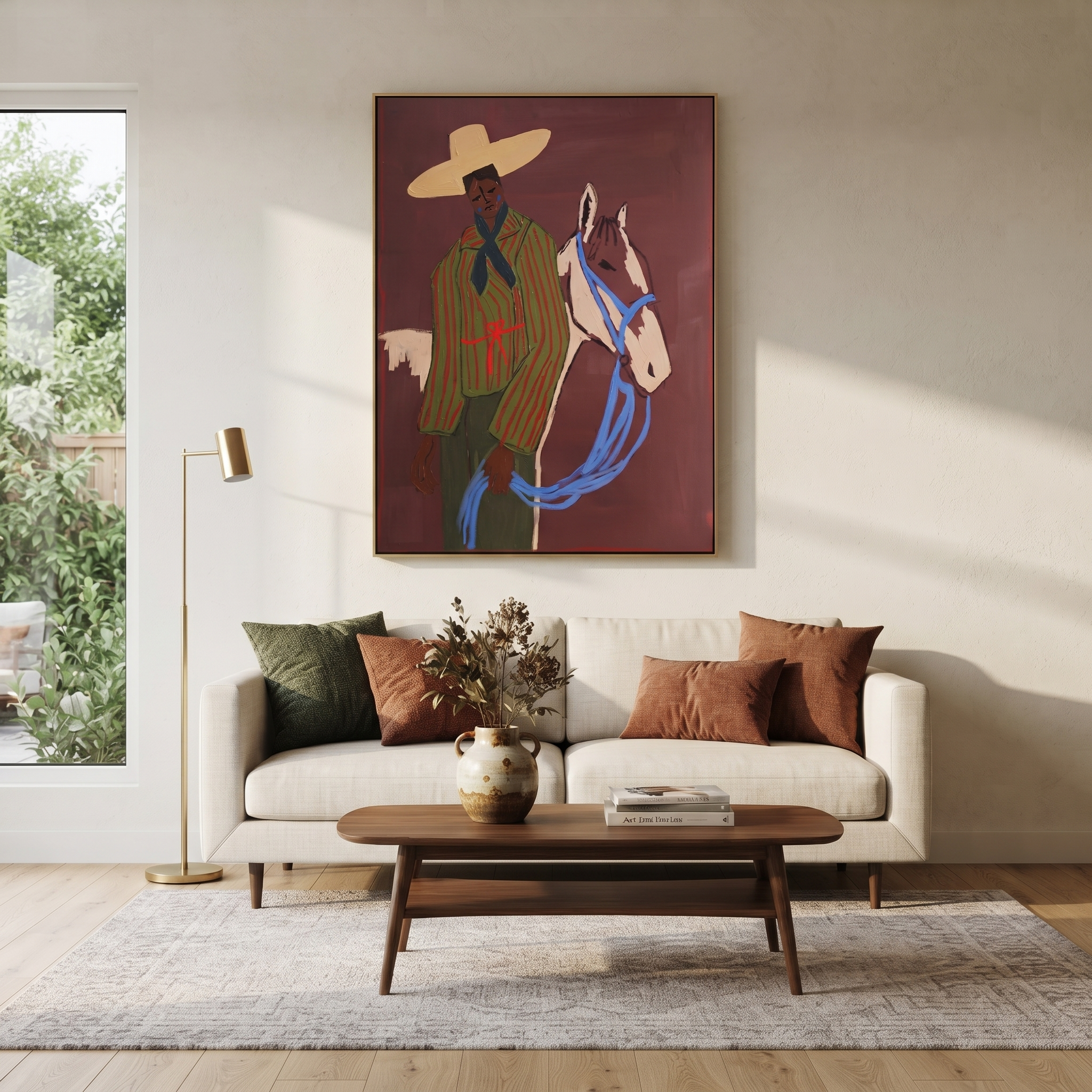 Blue Reins Cross Burgundy presented as a colorful interior focal point
