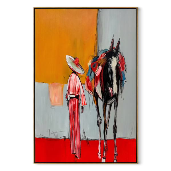 Red Hem Greets Midnight – Cowgirl and Black Horse Painting | Contemporary Western Vertical Wall Art