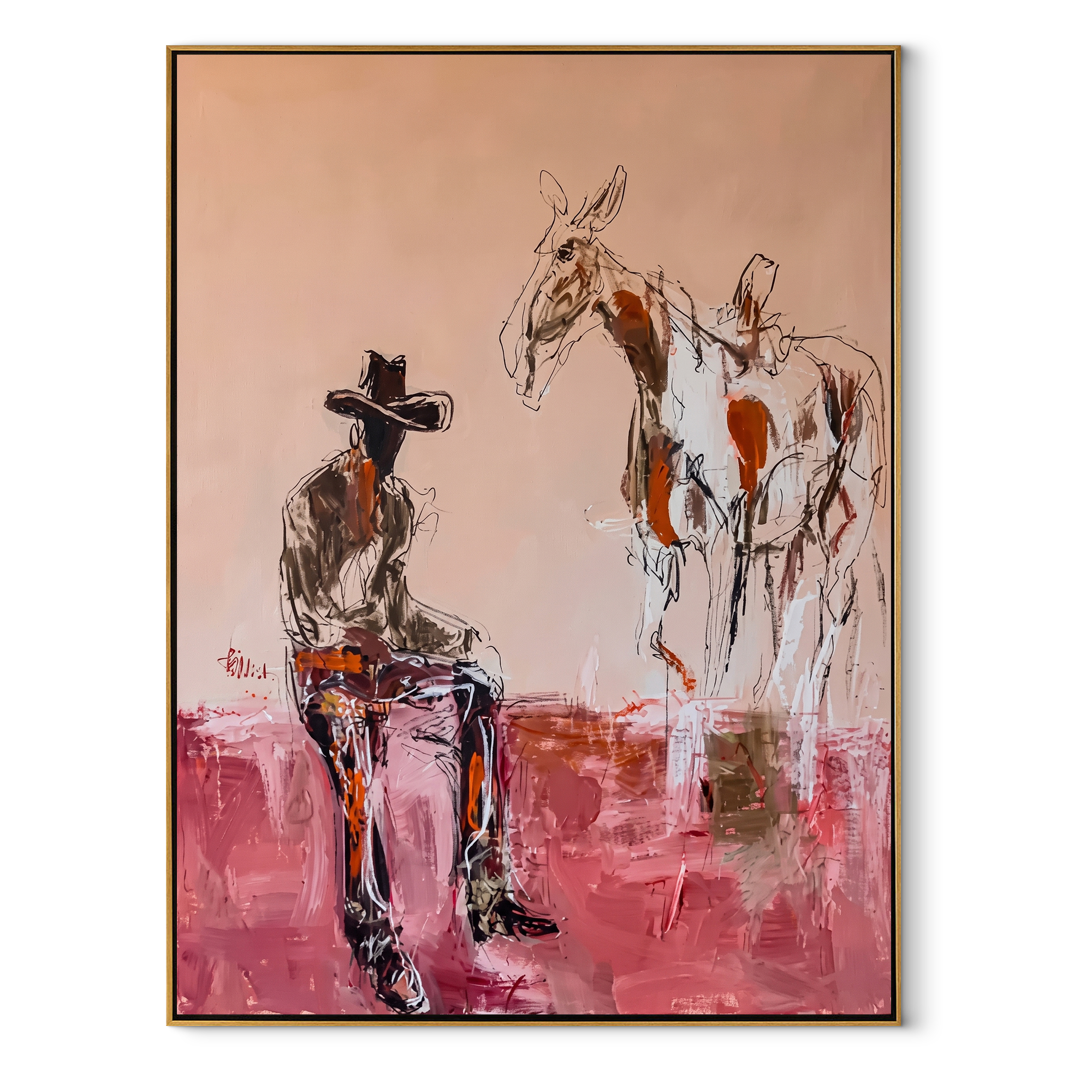 Blush Ground Holds Waiting Western figurative painting, vertical canvas artwork