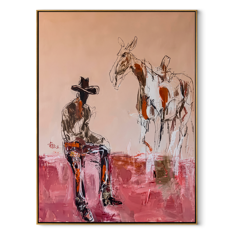 Blush Ground Holds Waiting – Cowboy and Paint Horse Painting | Contemporary Western Vertical Wall Art