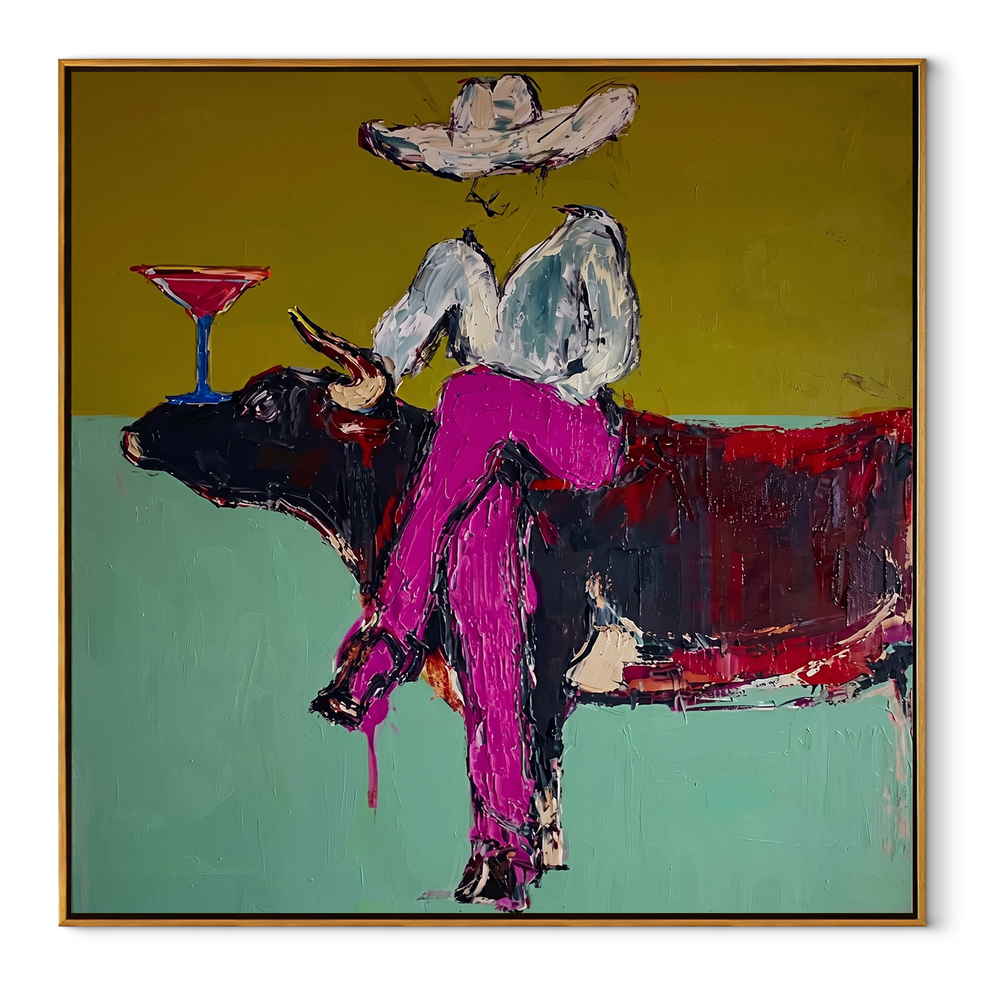 Martini Rests Above Horns Western figurative painting, square canvas artwork