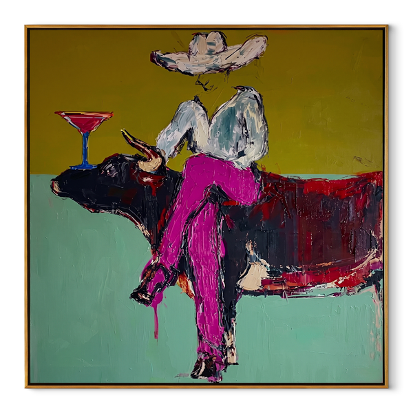 Martini Rests Above Horns – Cowboy on Longhorn Painting | Contemporary Western Square Wall Art