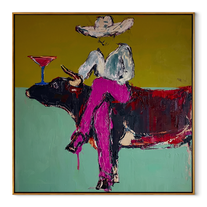 Martini Rests Above Horns – Cowboy on Longhorn Painting | Contemporary Western Square Wall Art