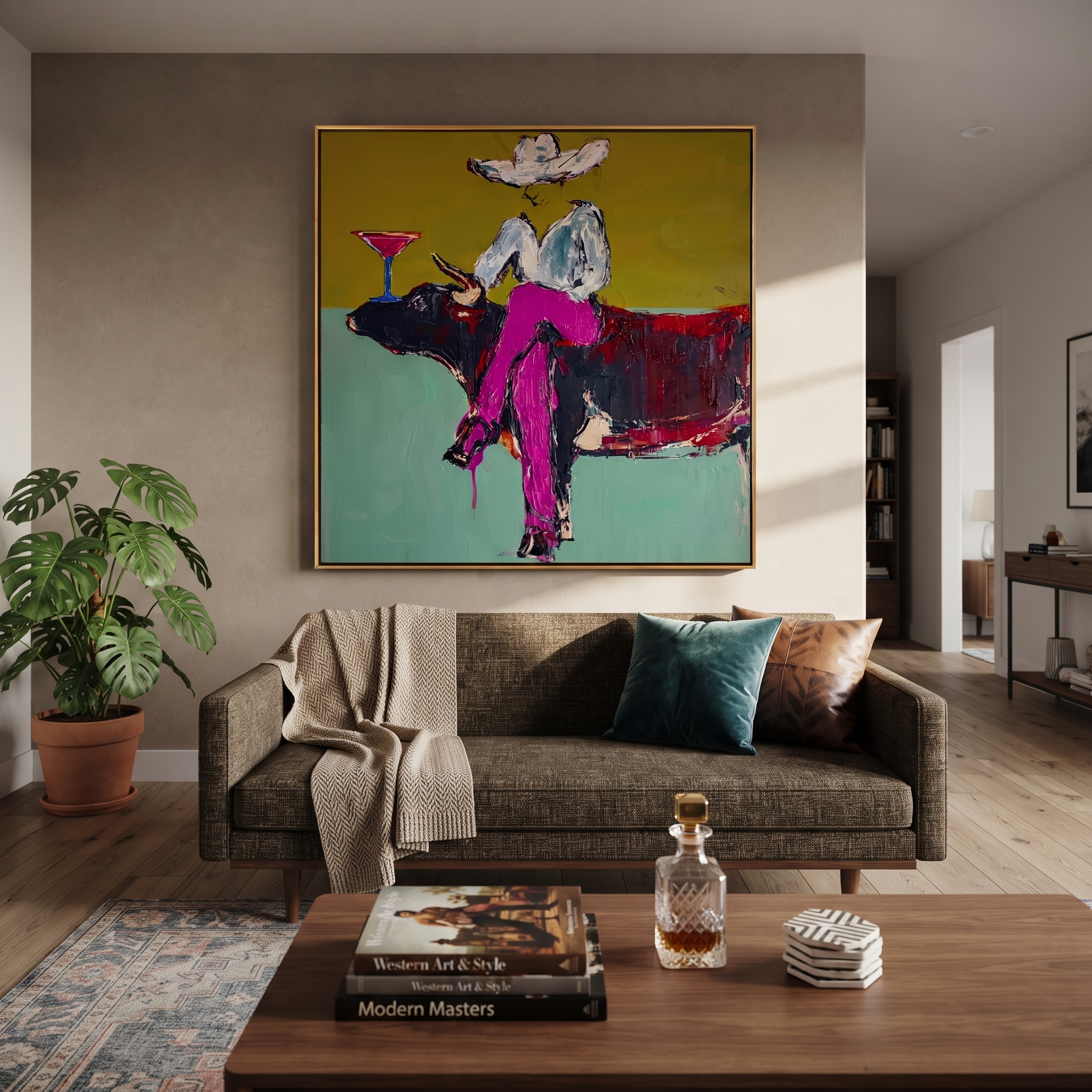 Martini Rests Above Horns styled with warm modern furnishings