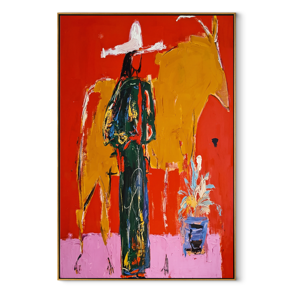Golden Bull Shadows Cowgirl – Cowgirl and Bull Painting | Contemporary Western Vertical Wall Art
