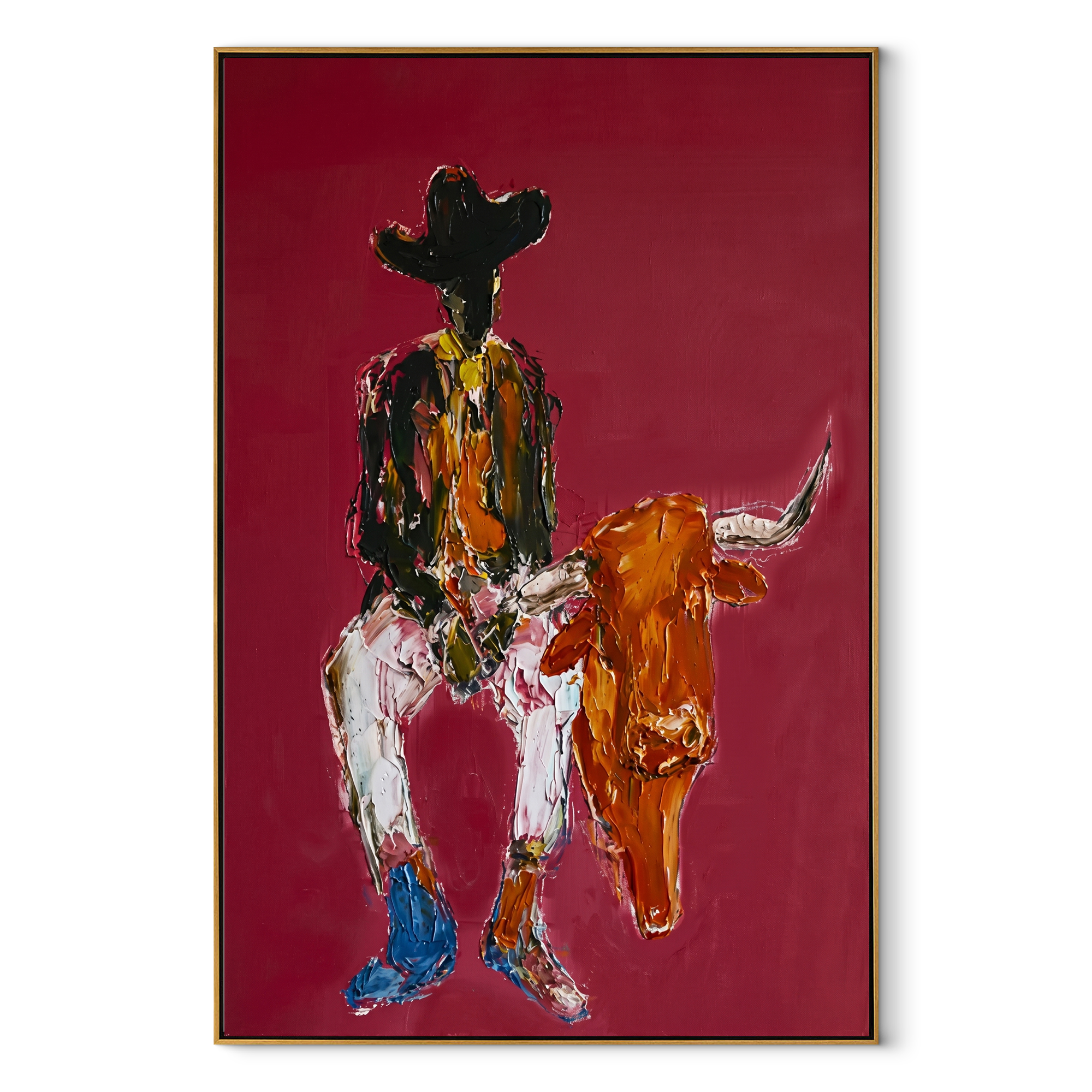 Rust Horns Lower Slowly Western figurative painting, vertical canvas artwork