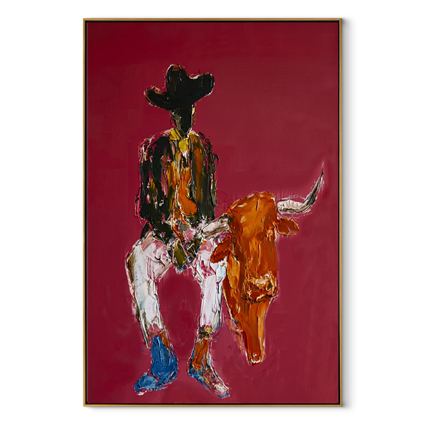 Rust Horns Lower Slowly – Cowboy Holding Longhorn Painting | Contemporary Western Vertical Wall Art