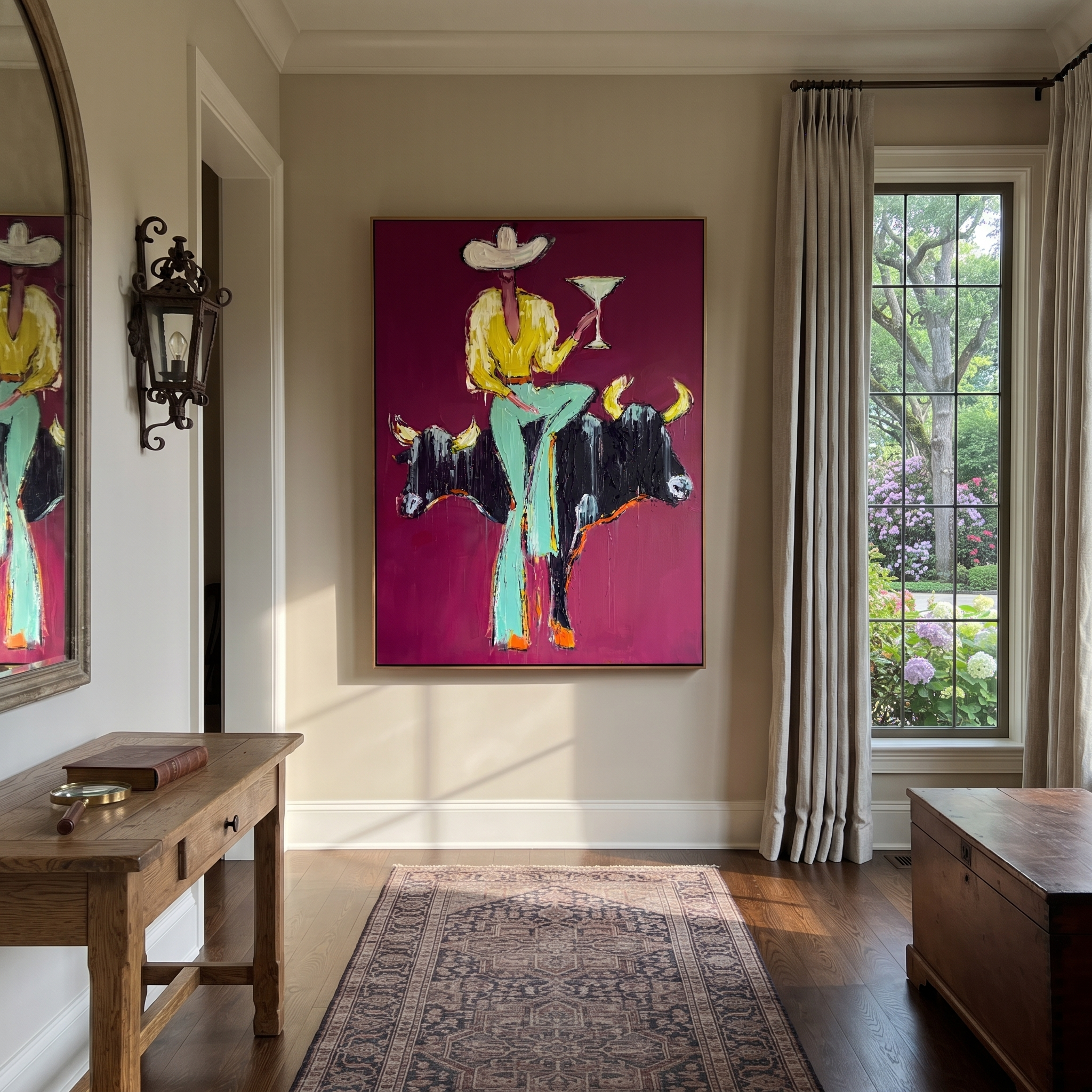 Two Bulls Hold Toast displayed in a collected contemporary interior