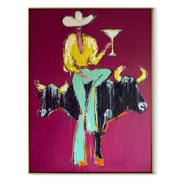 Two Bulls Hold Toast – Cowboy and Two Bulls Painting | Contemporary Western Vertical Wall Art