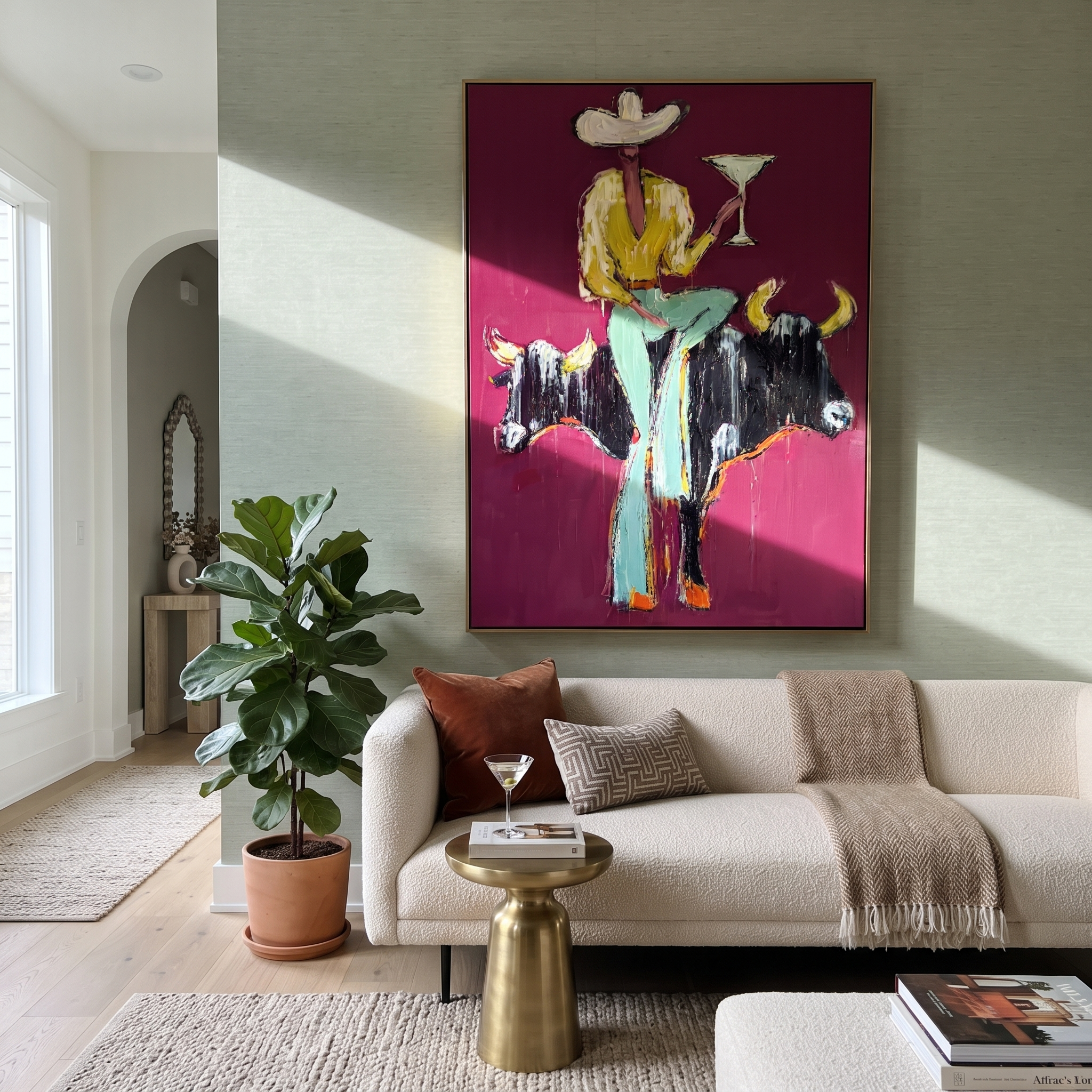 Two Bulls Hold Toast styled with warm modern furnishings