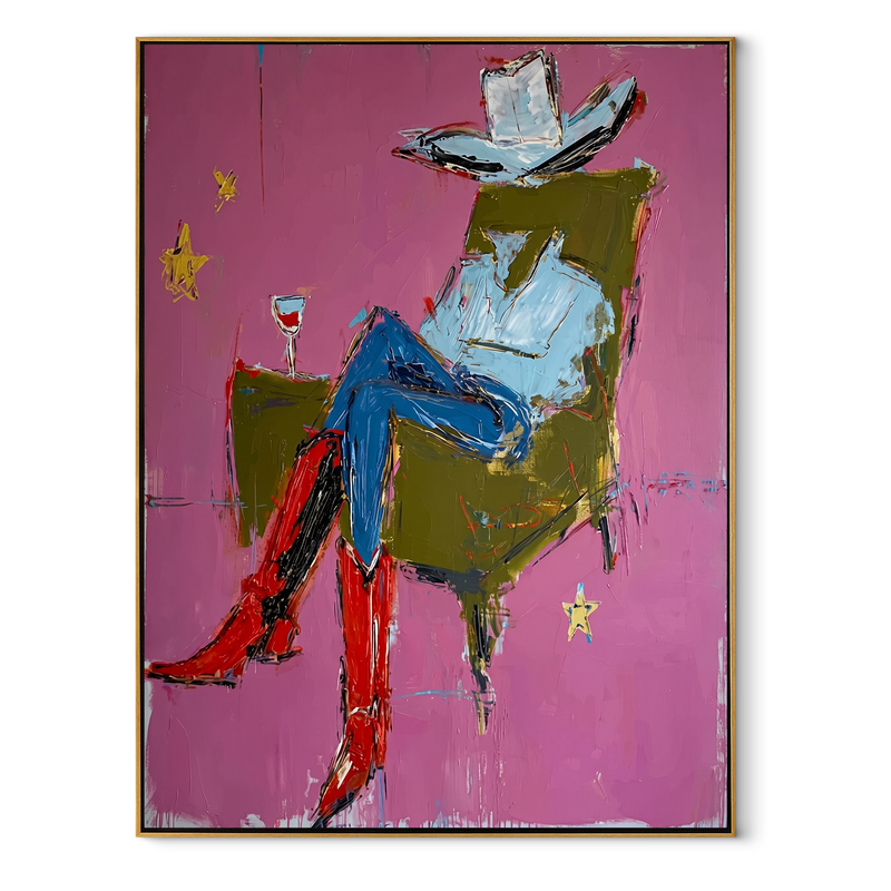 Red Boots Cross Rose – Seated Cowboy Portrait Painting | Contemporary Western Vertical Wall Art