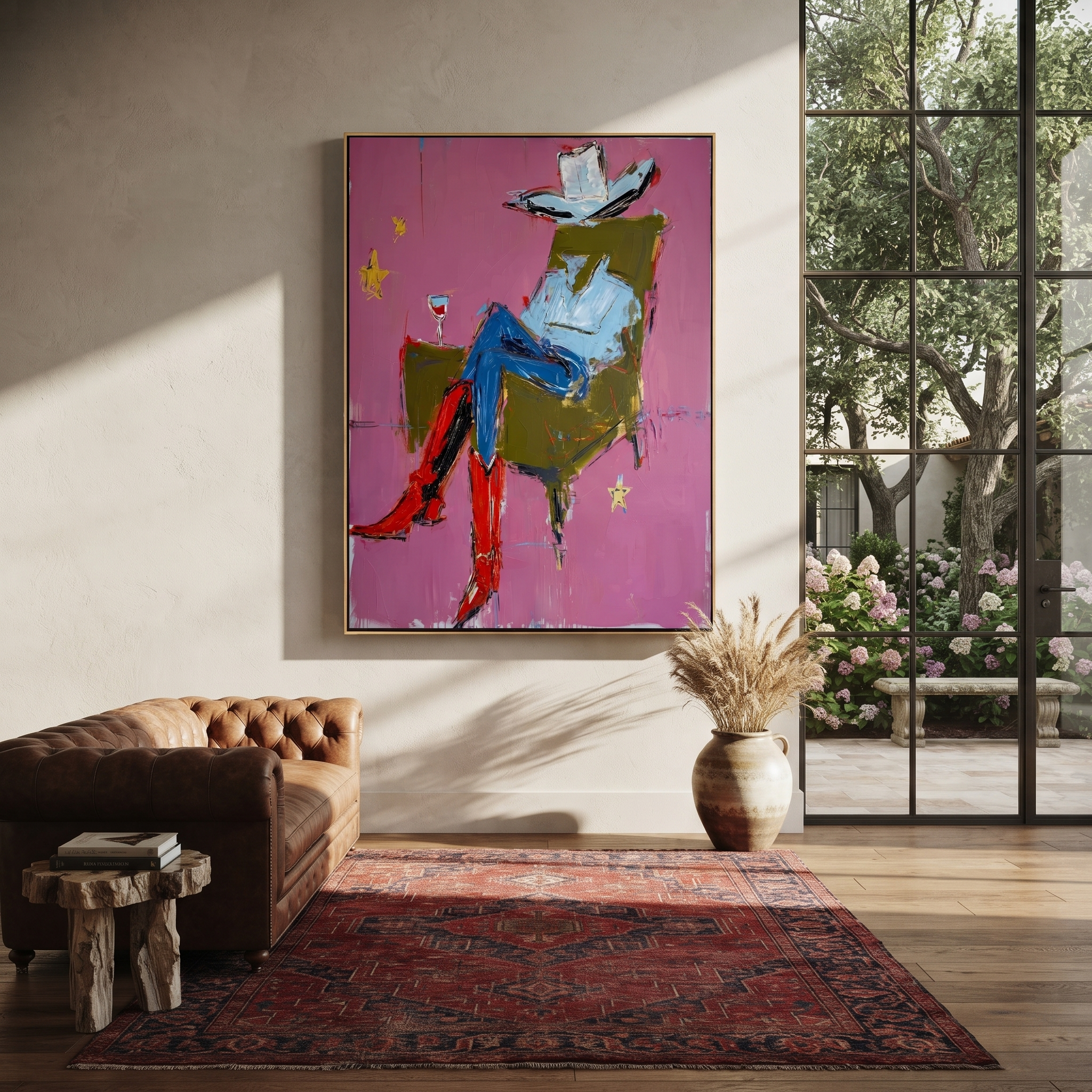 Red Boots Cross Rose styled with warm modern furnishings