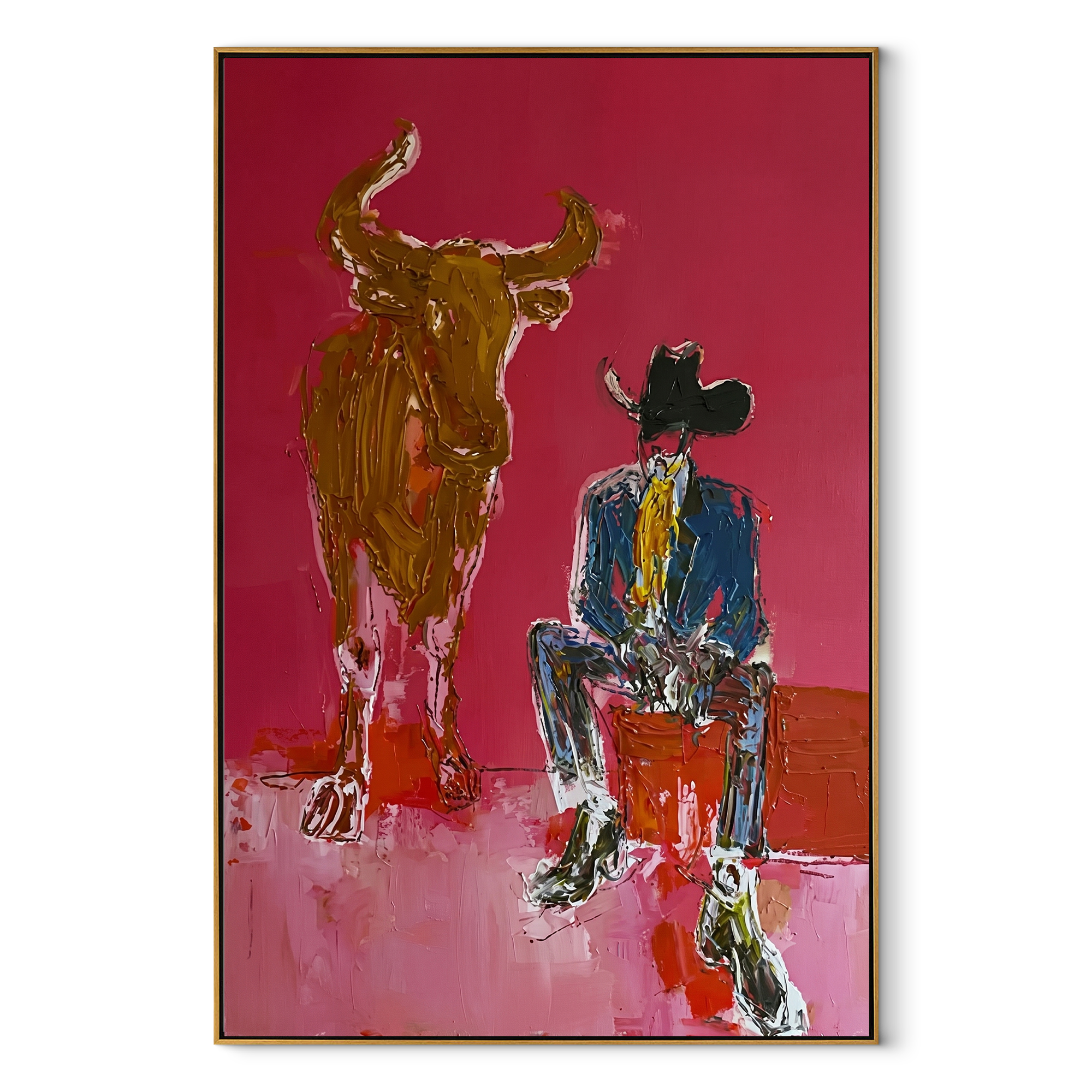 Giant Horns Keep Watch Western figurative painting, vertical canvas artwork