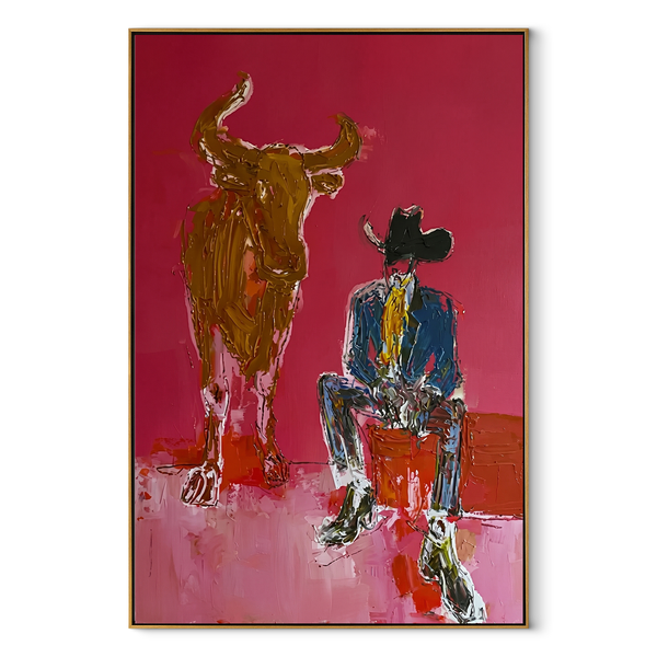 Giant Horns Keep Watch – Cowboy and Longhorn Painting | Contemporary Western Vertical Wall Art