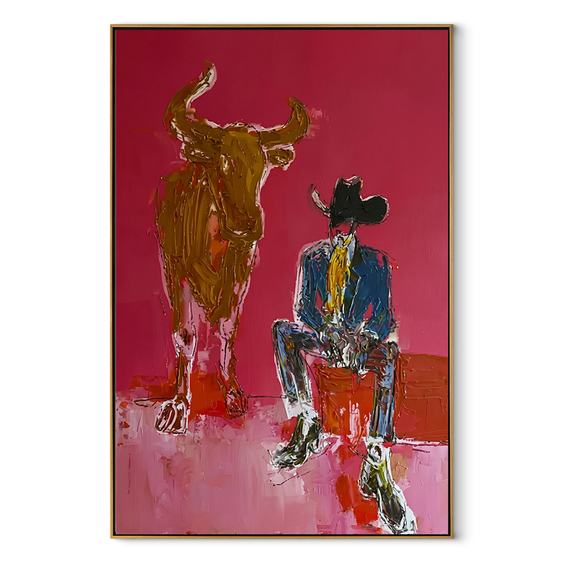 Giant Horns Keep Watch – Cowboy and Longhorn Painting | Contemporary Western Vertical Wall Art