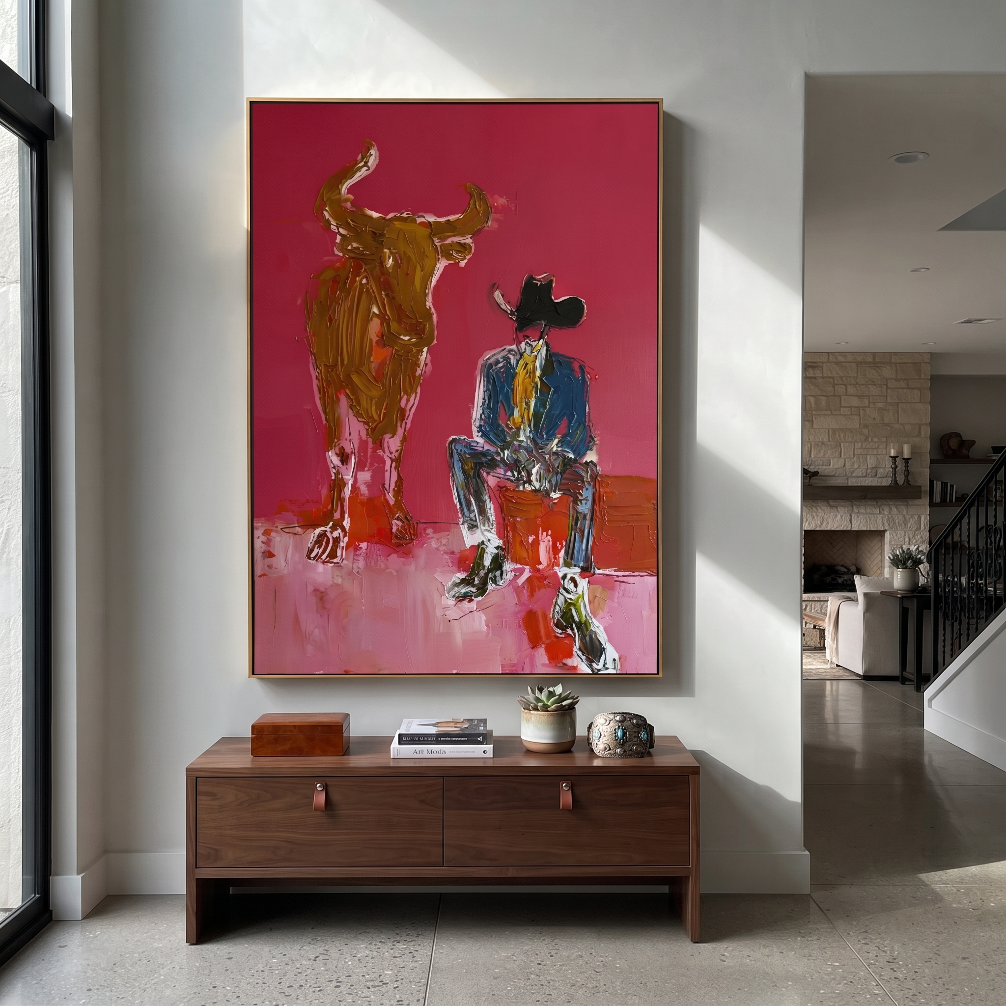 Giant Horns Keep Watch displayed in a layered residential setting