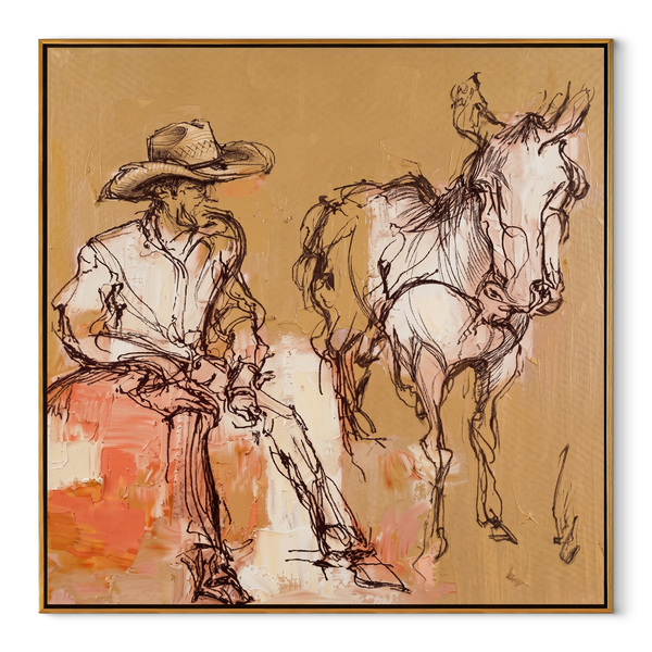 Sand Lines Hold Patience – Cowboy and Horse Sketch Painting | Contemporary Western Square Wall Art