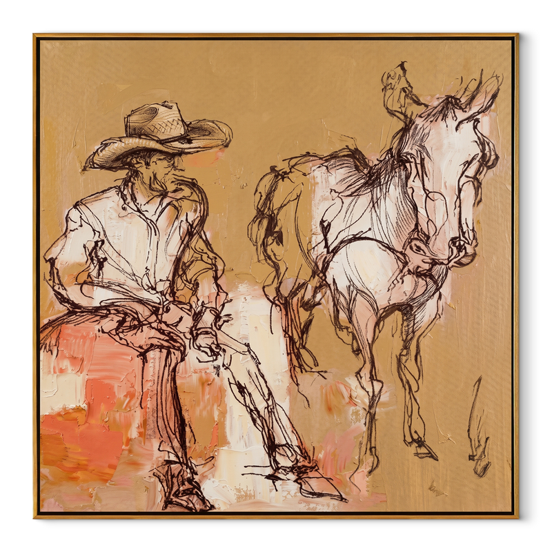 Sand Lines Hold Patience – Cowboy and Horse Sketch Painting | Contemporary Western Square Wall Art