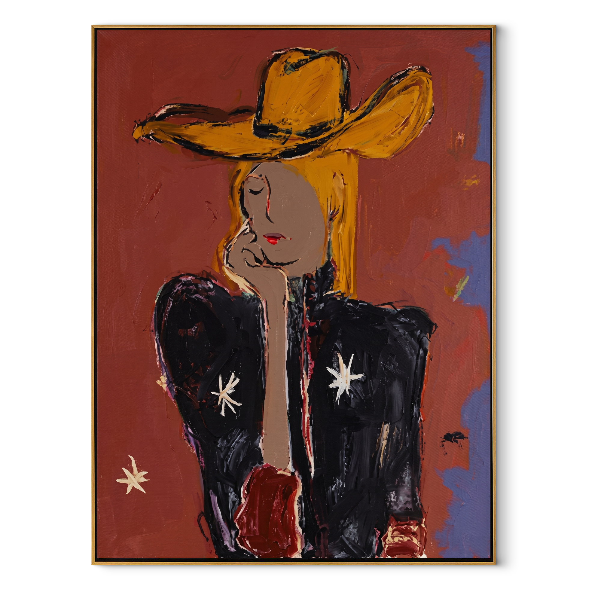 Golden Hat Hides Silence Western figurative painting, vertical canvas artwork