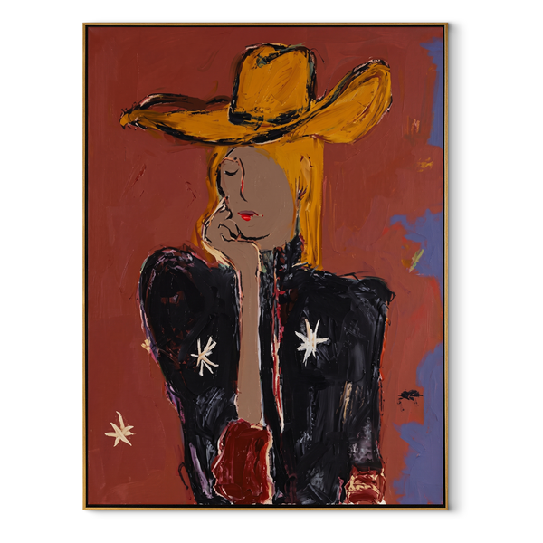 Golden Hat Hides Silence – Modern Cowgirl Portrait Painting | Contemporary Western Vertical Wall Art