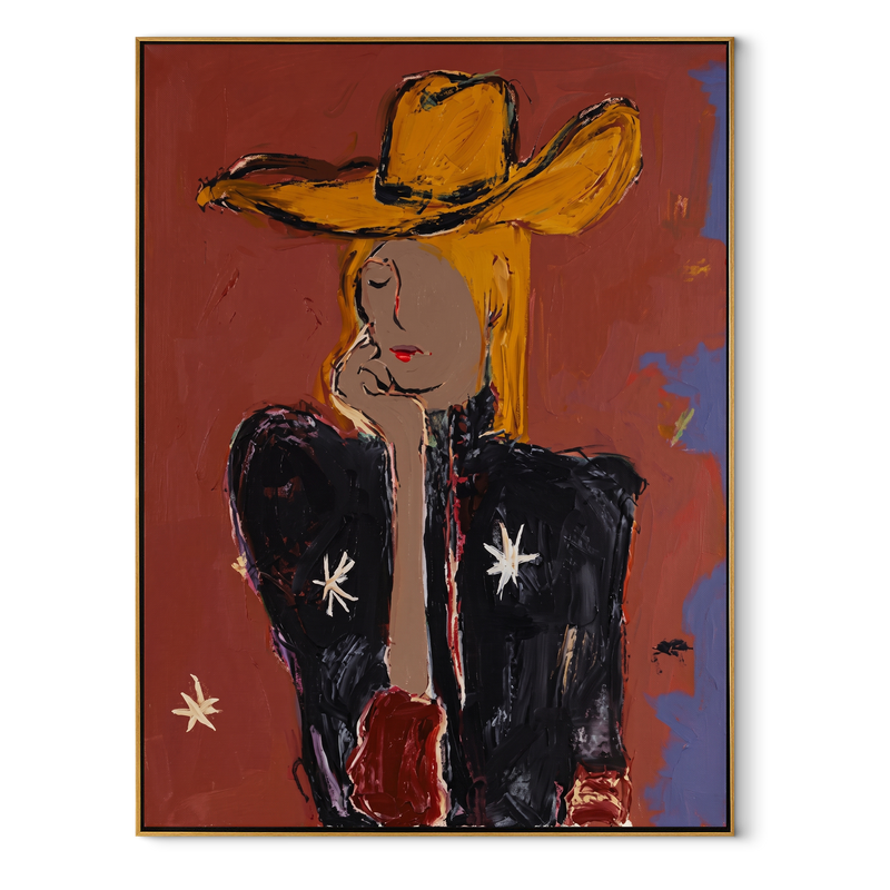 Golden Hat Hides Silence – Modern Cowgirl Portrait Painting | Contemporary Western Vertical Wall Art