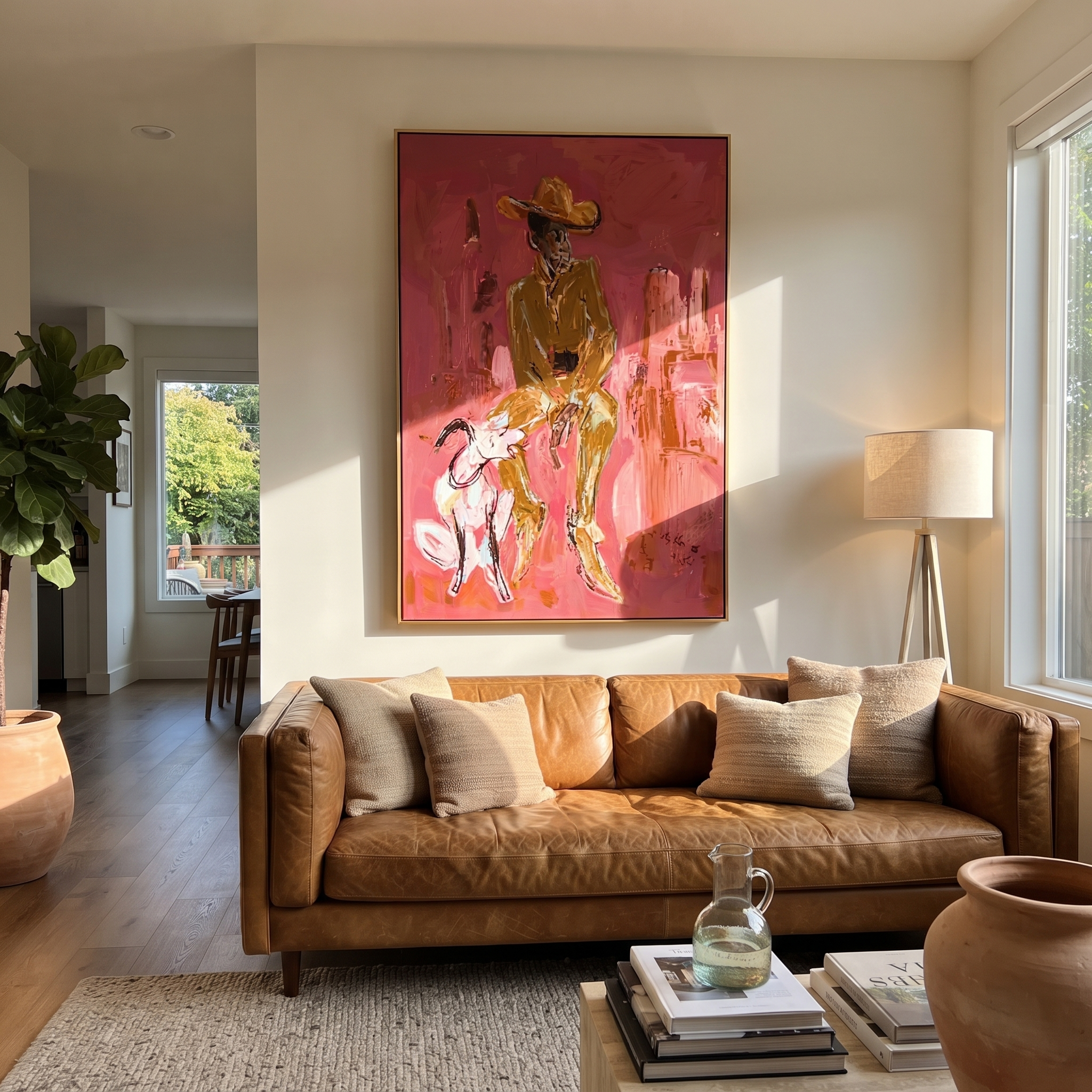 White Dog Waits Below displayed in a collected contemporary interior