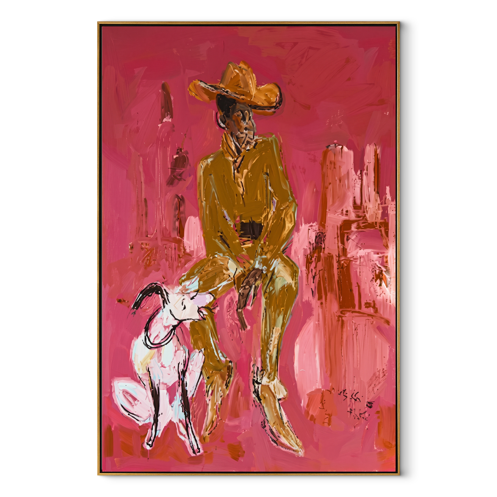 White Dog Waits Below Western figurative painting, vertical canvas artwork